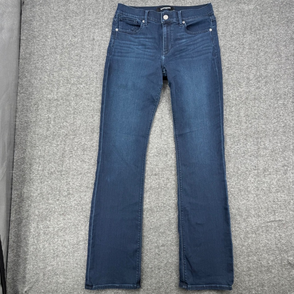 Express Barely Boot Mid Rise Jeans Dark Wash Supersoft Stretch 8L Long Bootcut
